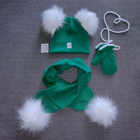 Komplet czapka z pomponami, szalik i rękawiczki - prążek butelkowa zieleń