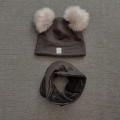 Komplet zimowy czapka i komin z futrzanymi pomponami grafitowy