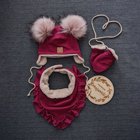 Komplet zimowy dla dzieci czapka z pomponami chusta rękawiczki bordo