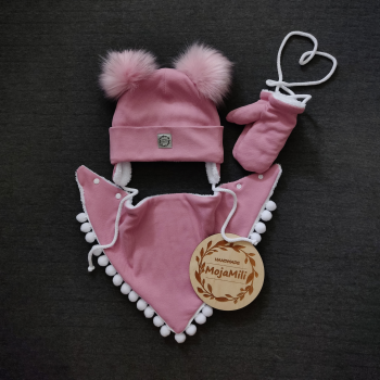 Zestaw zimowy "Różowy Urok" - czapka, rękawiczki i chusta dla dzieci prążek
