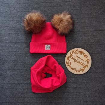 Zestaw zimowy "Czerwona Radość" czapka z pomponami i komin prążek