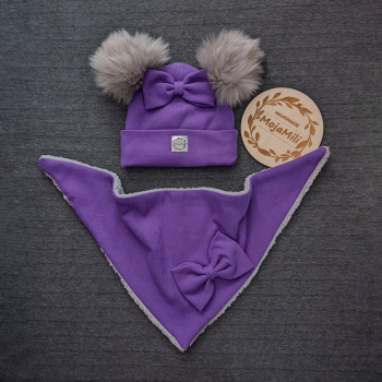 Zestaw "Fioletowa elegancja" czapka z pomponami i chusta fioletowy prążek