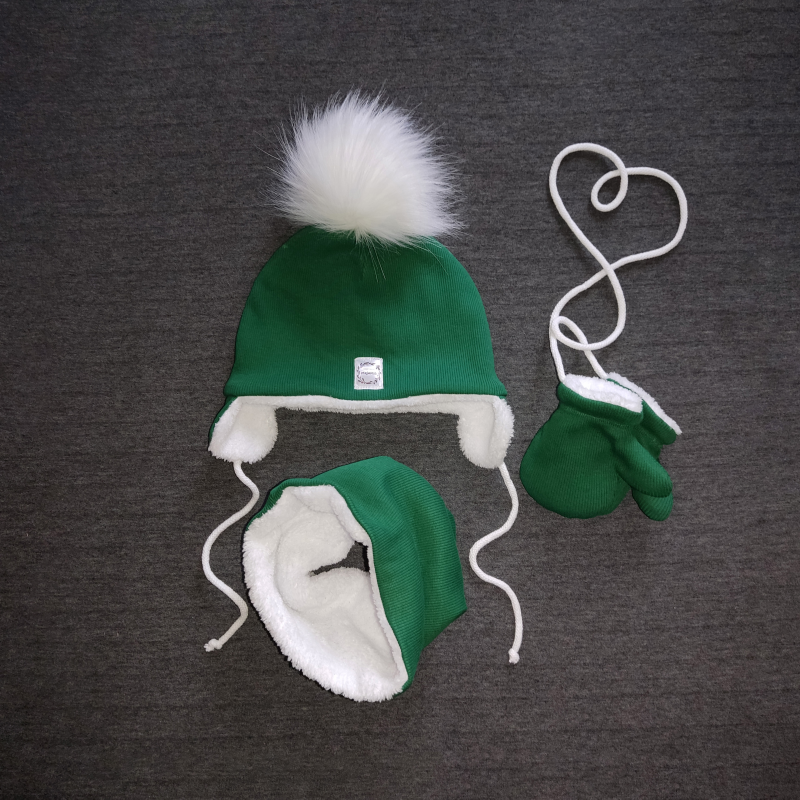 Zestaw Zimowy "Zielony las" czapka, Komin i Rękawiczki zielony prążek