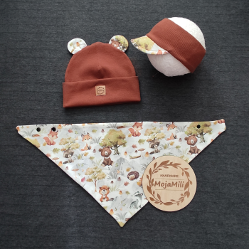 Zestaw "Jesienny Las" czapka z uszkami, opaska i chusta brązowy prążek