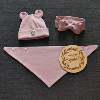 Zestaw "Delikatny Róż" czapka z uszkami, opaska i chusta prążek różowy