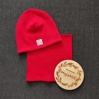 Zestaw wiosenno jesienny - czapka oraz komin czerwony prążek