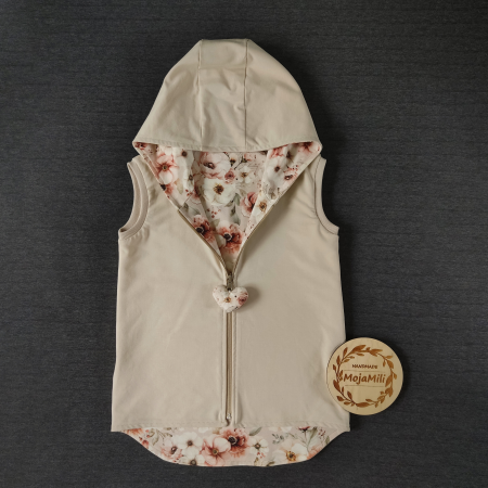 Kamizelka dwustronna z kapturem – 2w1 kwiaty oraz beż